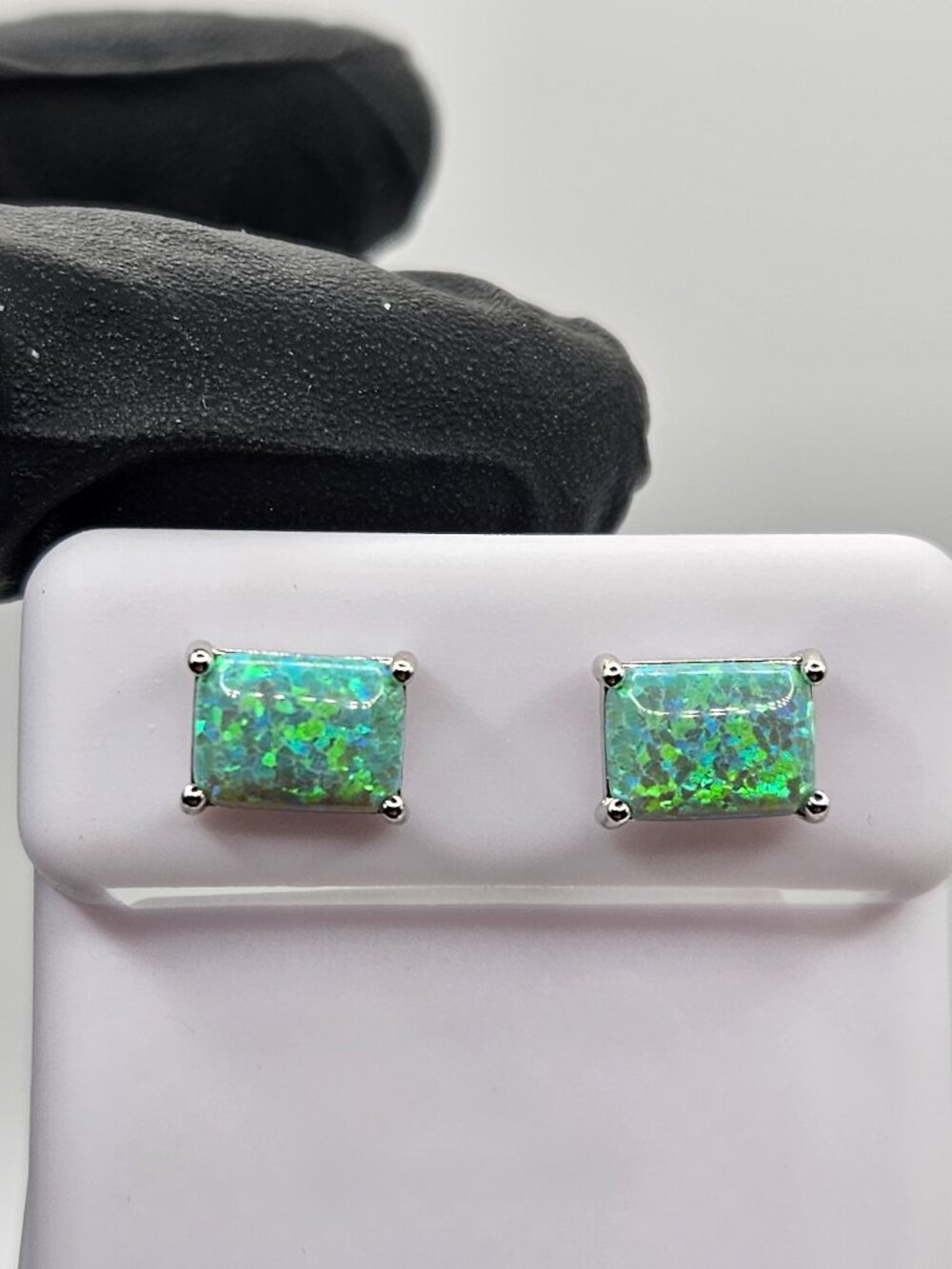 925 Sterling Silver Emerald Green Natural Opal Emerald Cut Earrings 6x8mm